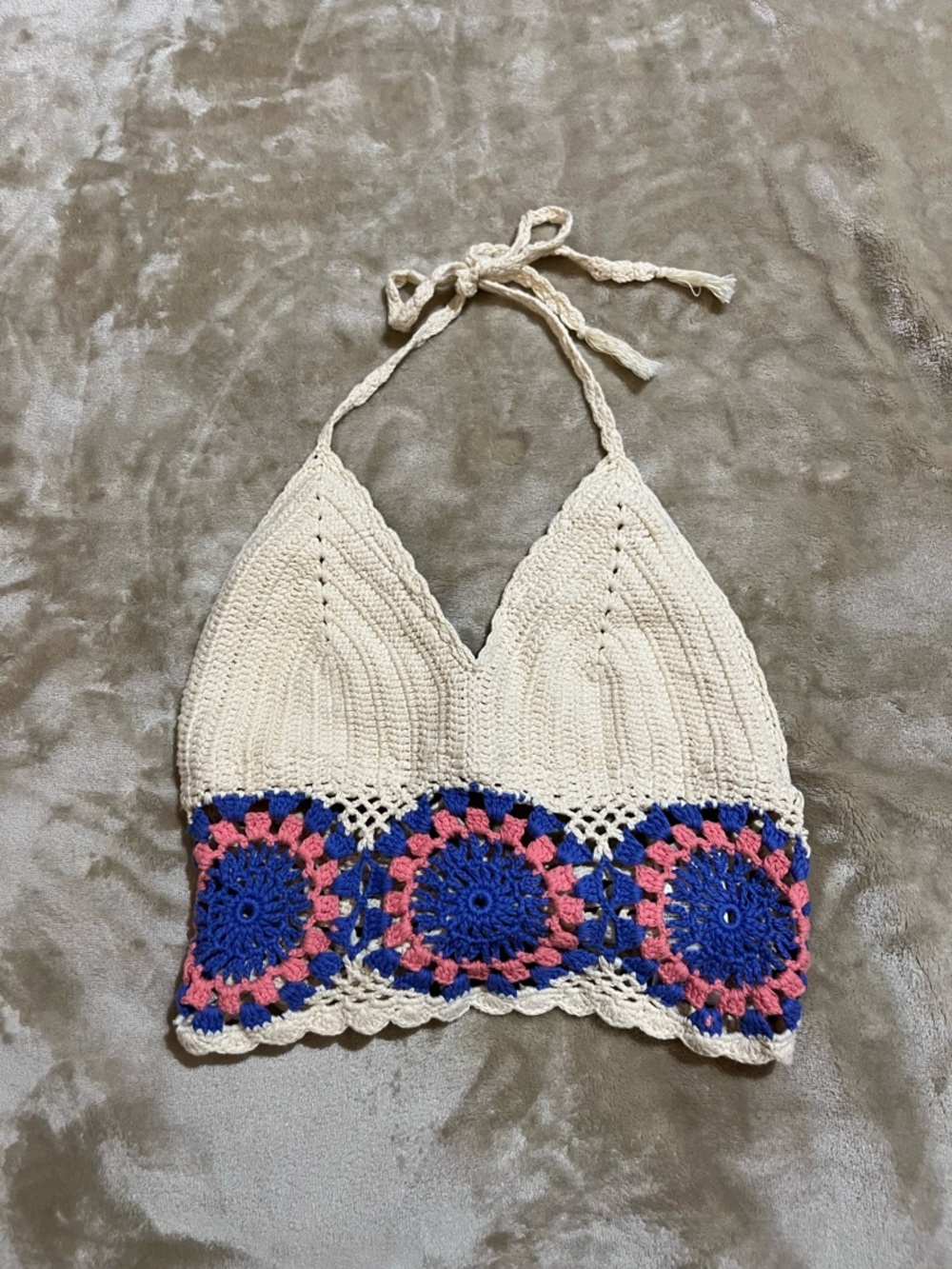 Ecote Cream Crochet Halter Top with Blue and Pink Accents